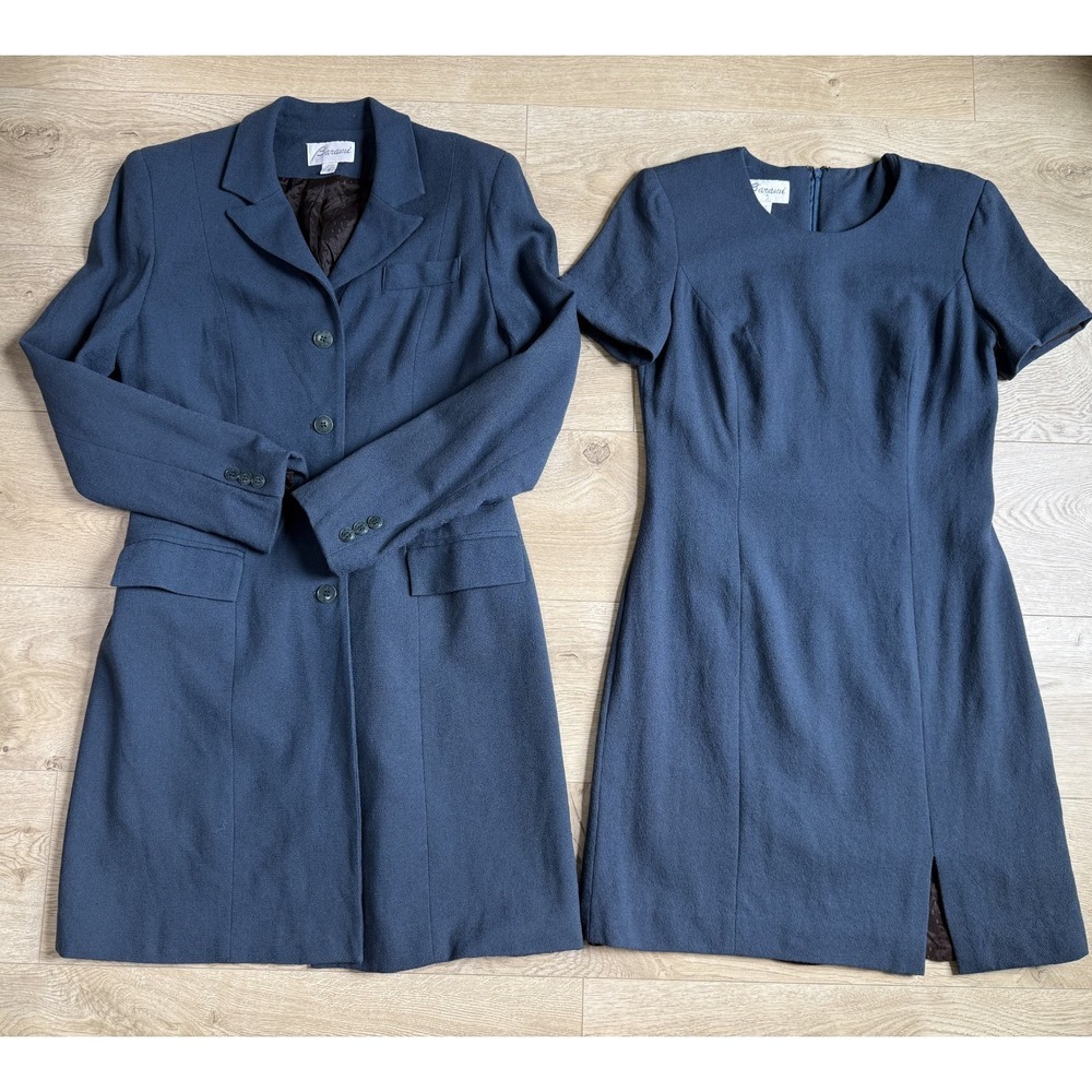 EUC Women VTG Barami dress longline blazer two piece set slate blue USA size 8/6